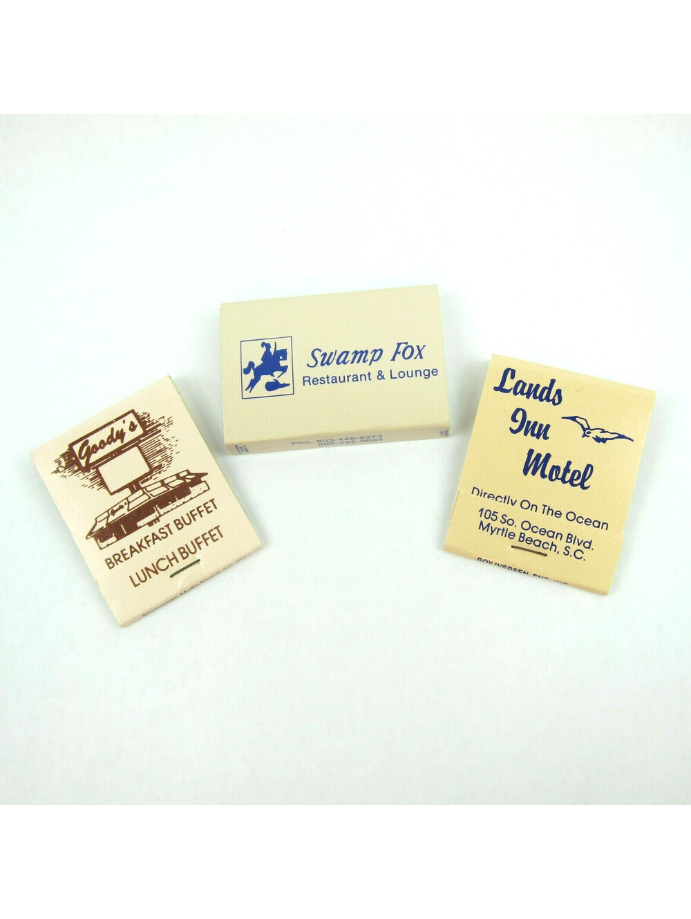 3 Vintage Matchbooks Swamp Fox, Goody's, Lands Inn Myrtle Beach South Carolina